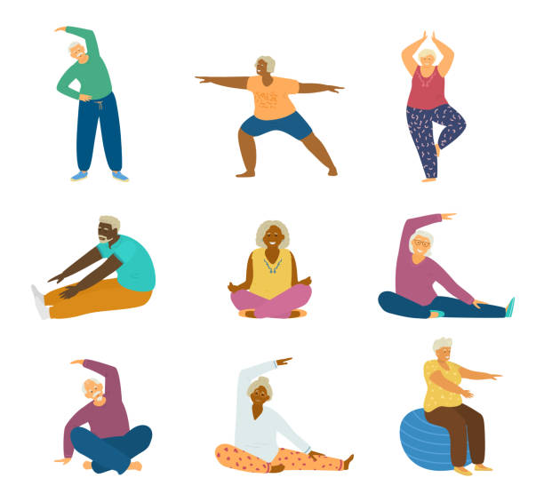 zestaw różnych ras osób starszych wykonujących ćwiczenia fitness i jogę - proces starzenia się ilustracje stock illustrations