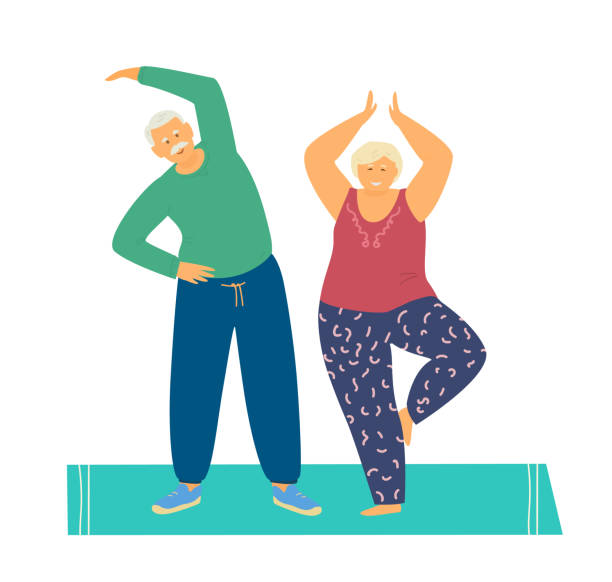 Smiling elderly couple practicing yoga Smiling elderly couple practicing yoga and stretching on mat. Happy senior couple. Active and healthy retirement. Flat vector illustration. aging process illustrations stock illustrations