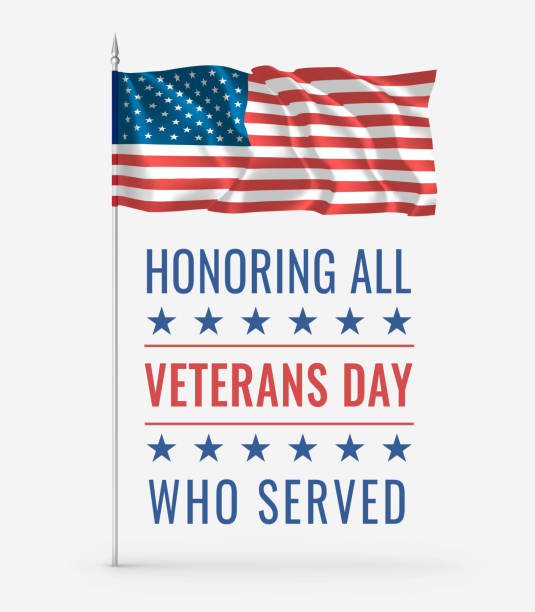 ilustrações de stock, clip art, desenhos animados e ícones de veterans day. honoring all who served. 11th of november. creative card with waving usa flag on flagpole - national hero