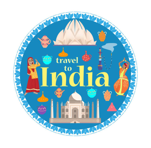 ilustrações, clipart, desenhos animados e ícones de viagem para a índia conceito redondo. - lotus mahal