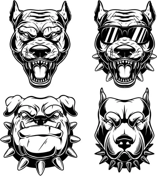 Vector illustration of Set of Illustrations of angry dog heads in monochrome style. Design element for emblem, sign, poster, card, banner. Vector illustration