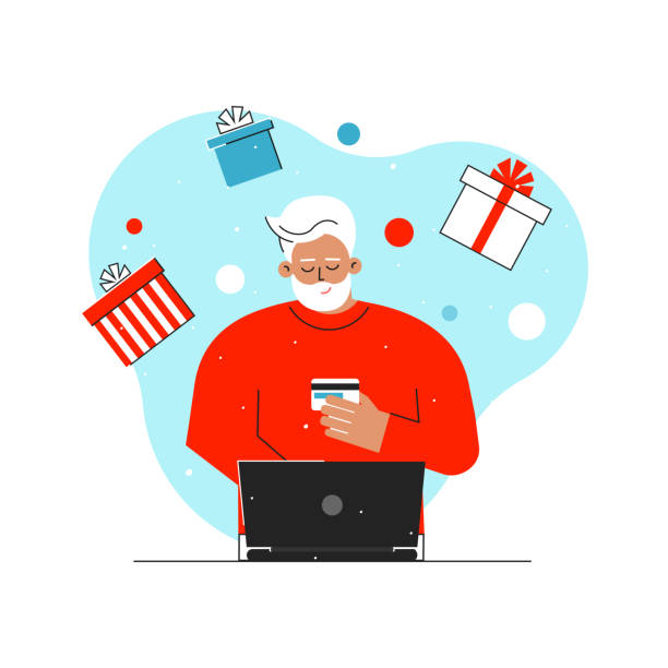 illustrazioni stock, clip art, cartoni animati e icone di tendenza di concetto isolato vettore con uomo anziano caucasico. shopping online prima dell'ora di natale. il vecchio ordina regali su internet utilizzando il computer portatile. inserisce i dati della carta di credito in loco - computer keyboard white caucasian white background