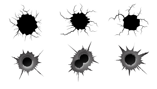 Bullet hole and ground cracks set. Metal single and double bullet hole, damage effect. Earthquake and ground cracks, craquelure and damaged wall texture. Vector illustrations for topics earthquake, crash, destruction