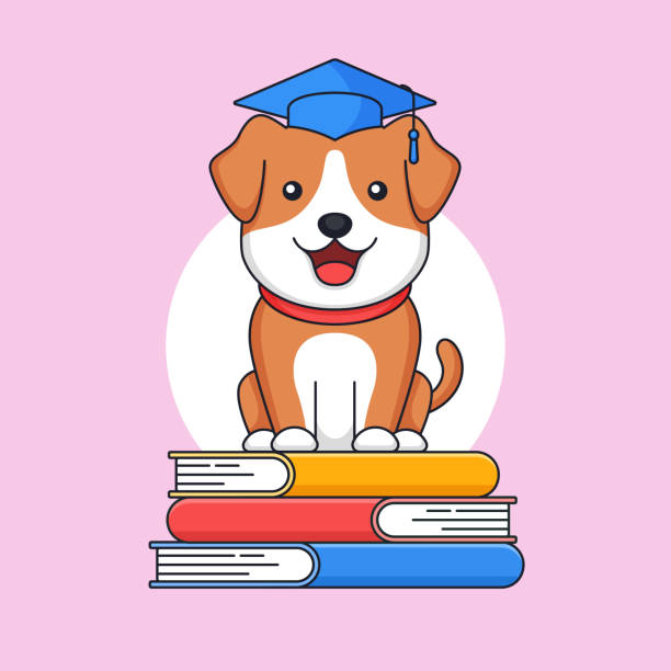 istock Graduated dog standing on top of stack book wear toga hat for animal school activity vector outline illustration mascot 1277283885