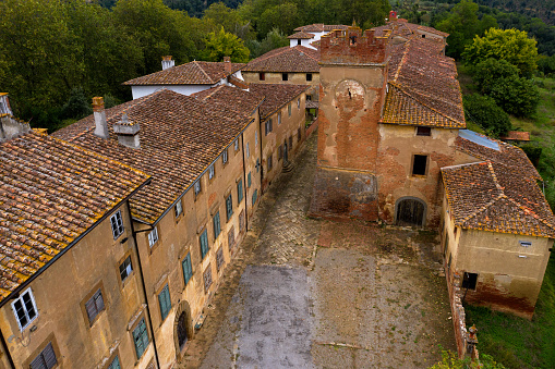 Aerial view of abandoned village in the country, Tuscany, Italy