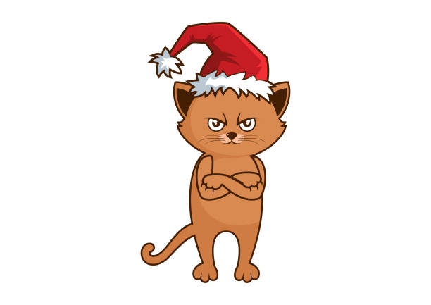 bildbanksillustrationer, clip art samt tecknat material och ikoner med grinig katt med julhattikonvektor - santa hat