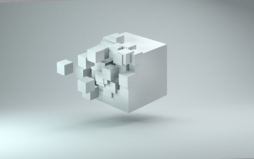 Cubo 3D renderizado contra fondo gris claro photo