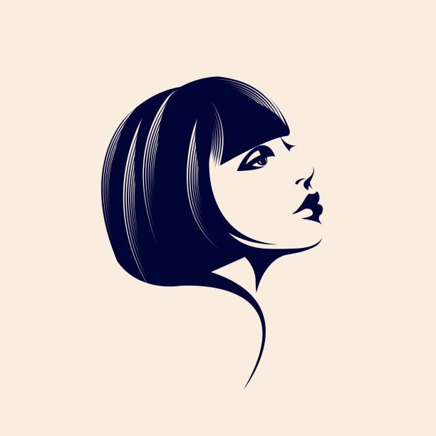 Beauty salon and hair studio illustration.Woman with retro hairstyle and elegant makeup. Short haircut young lady.Beautiful female face.Brunette girl. head and shoulders logo stock illustrations