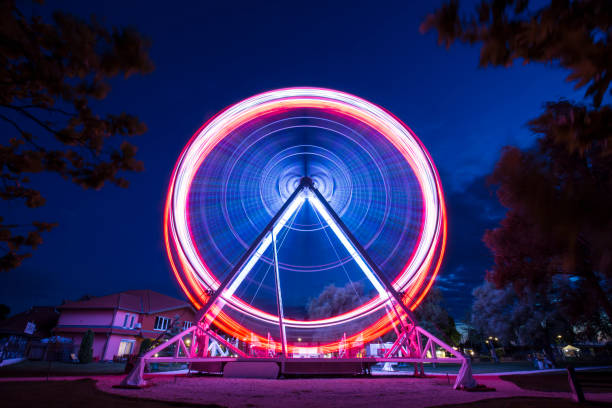ruota panoramica andare in giro al lago balaton di notte - ferris wheel wheel night neon light foto e immagini stock