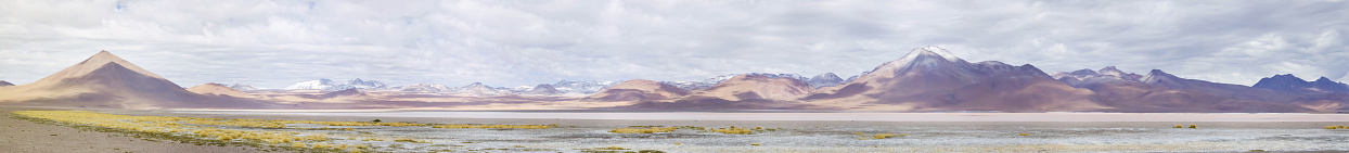 Large natural panorama of Laguna Colorada in Bolivia on border with Chile. Amazing colorful landscape of lake in Atacama Desert and Andes mountains. Concept of travel. Copyright space for site
