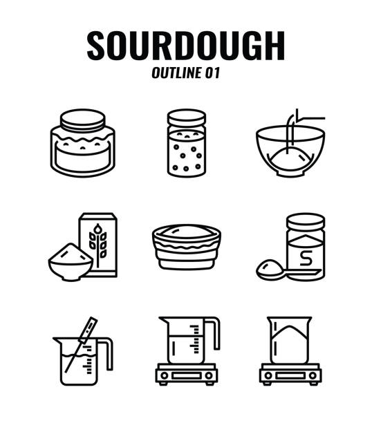 Outline icon set of homemade sourdough bread baking kit and process. icons set1 Outline icon set of homemade sourdough bread baking kit and process. icons set1 yeast starter stock illustrations