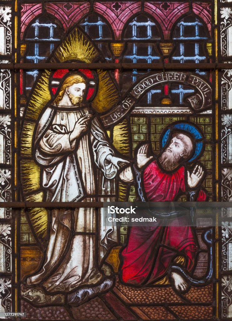 London - The apparition of Jesus to St. Paul on Stained glass in St Mary Abbot's church on Kensington High Street. London - The apparition of Jesus to St. Paul on Stained glass in St Mary Abbot's church on Kensington High Street by unknown artist. Bible Stock Photo