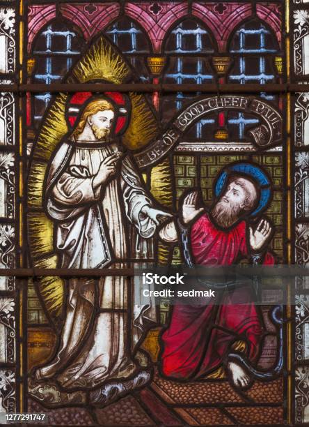 London The Apparition Of Jesus To St Paul On Stained Glass In St Mary Abbots Church On Kensington High Street Stock Photo - Download Image Now