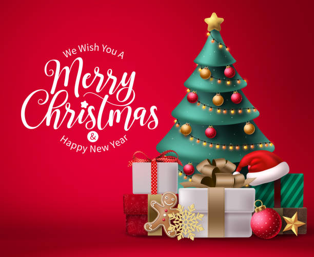 메리 크리스마스 벡터 배경 디자인. 화려한 3d 요소와 텍스트를위한 빨간색 공간에서 크리스마스 인사말 - christmas tree stock illustrations