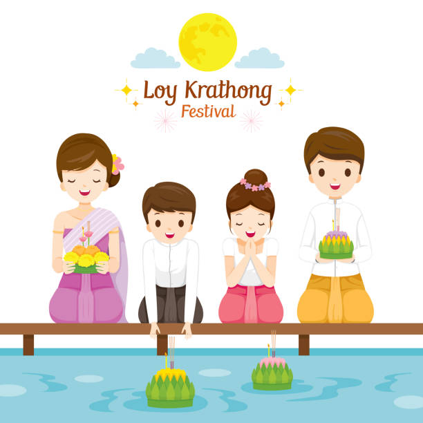 Loy Krathong Festival, Family in Traditional Thai Clothing, National Costume Sitting, Celebration and Culture of Thailand Asia, Feast, Season, Religion loi krathong stock illustrations