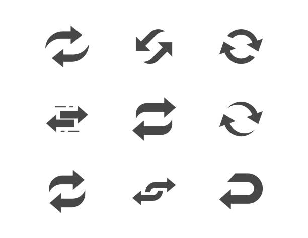 ilustrações, clipart, desenhos animados e ícones de inverter ícones glifos planos. a ilustração do vetor incluiu ícone como swap, flip, câmbio, switch, repetir a silhueta pictograma de duas setas de círculo - change