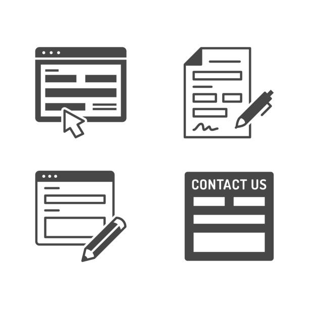 Contact us flat glyph icons. Vector illustration included icon as registration form, silhouette pictogram of web page with blank box and pencil Contact us flat glyph icons. Vector illustration included icon as registration form, silhouette pictogram of web page with blank box and pencil. education registration event stock illustrations