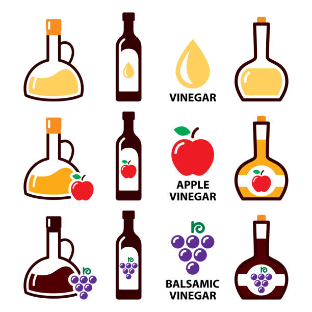 ilustraciones, imágenes clip art, dibujos animados e iconos de stock de conjunto de iconos vectoriales de vinagre - vinagre de sidra de manzana y diseño de color vinagre balsámico, concepto de comida saludable - balsamic vinegar bottle vinegar red wine