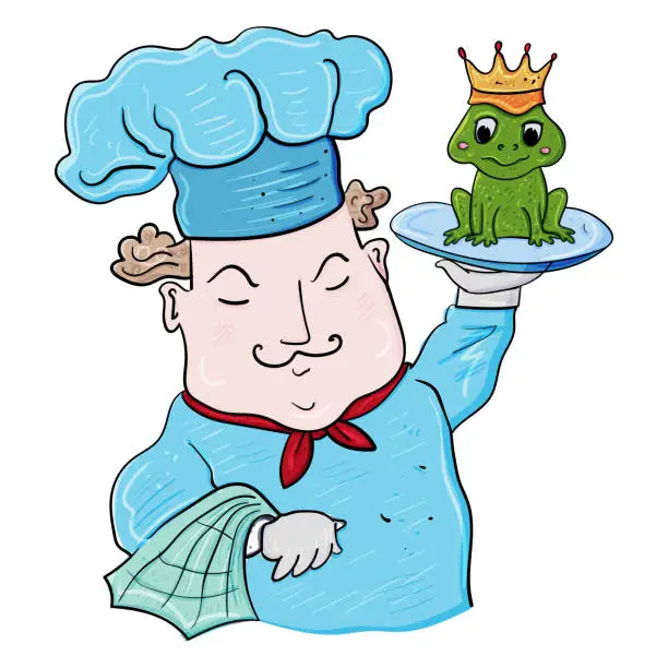 Vector illustration of Chef with a dish. A frog on a tray. Vector Clip Art illustration.
