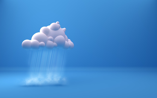 Blue background with white cloud floating in the turquoise sky while rain is pouring to the ground with fog. Computer generated image, softly defocused with pastel hue. Copy space.