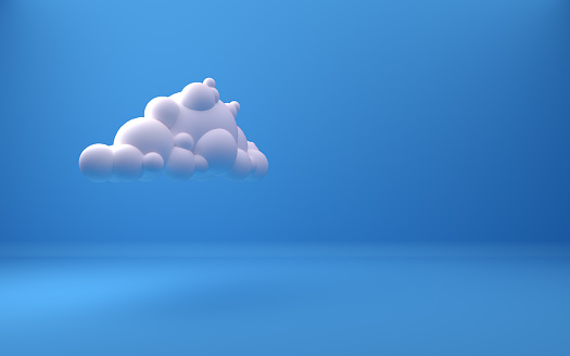 Blue background with white cloud floating in the turquoise sky. Computer generated image, softly defocused with pastel hue. Copy space.