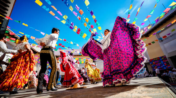 Photo of folklore dancers dancing in Mexico. Mexican culture and traditions. Puerto Vallarta, Mexico - January 28th 2020 Photo of folklore dancers dancing in a beautiful traditional dress representing mexican culture. Free event at port Marina Vallarta, performed by folkloric dance group Azteca. mexico stock pictures, royalty-free photos & images