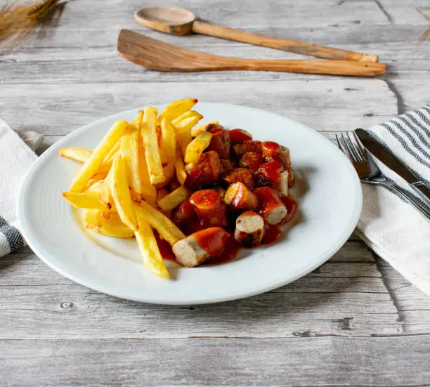 Curry sausage with french fries - german fast food recipe - homemade and ready to eat