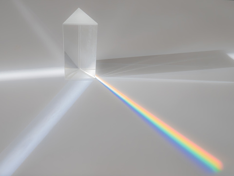 Scattering of a ray of sunlight (white light) through a prism creating refraction, reflection and decomposition of light in the colors of the rainbow