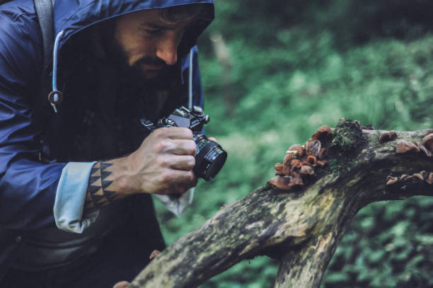 istock Young bearded man with hooded jacket, hiking, exploring the mountain 1277300685