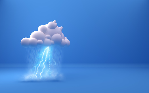 Blue background with white cloud floating in the sky while rain is pouring to the ground with fog and lightnings. Computer generated image, softly defocused with pastel hue. Copy space.