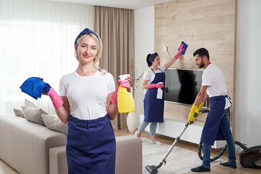 Professional cleaning service team clean living room in modern apartment
