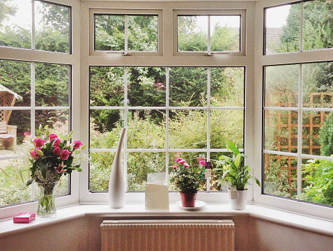 Ramo de rosas y plantas de maceta en la ventana de la bahía en un hogar photo