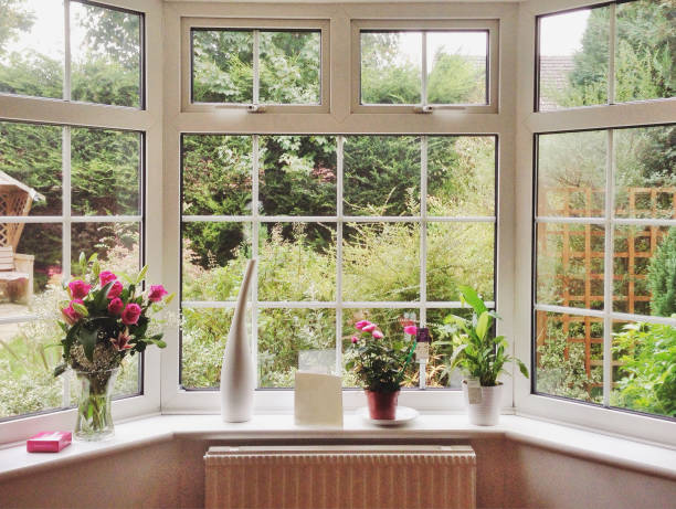 Rose bouquet and pot plants on bay window in a home View of overgrown garden through bay window window stock pictures, royalty-free photos & images