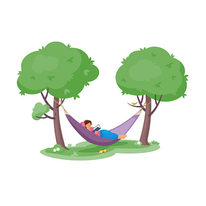 Pretty woman lies in a hammock and reads a book.Color vector isolated  illustration in flat style.