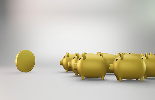 3D Gold Color Piggy Bank and gold coin on Gray background. Investment, finance and savings concept. Horizontal composition with copy space.