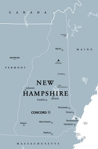 New Hampshire, NH, gray political map, The Granite State New Hampshire, NH, gray political map, with capital Concord. State in the New England region of United States of America. The Granite State. The White Mountain State. Illustration over white. Vector. nashua new hampshire stock illustrations