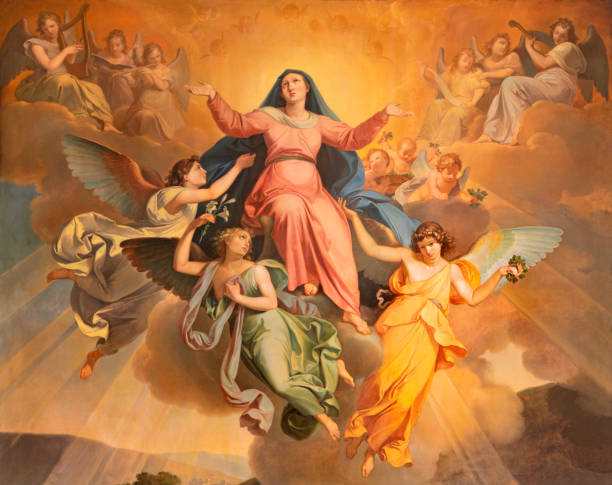 riva del garda - the part of the painting assumption in church chiesa di santa maria assunta by giuseppe craffonara (1830). - religion christianity spirituality saint imagens e fotografias de stock