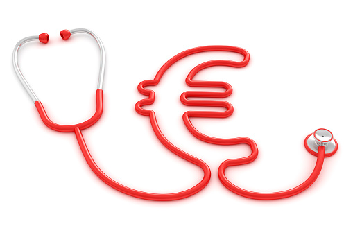 Medical stethoscope in the euro sign shape isolated on white background. Paid medical care and very expensive healthy life. European currency health and financial care.