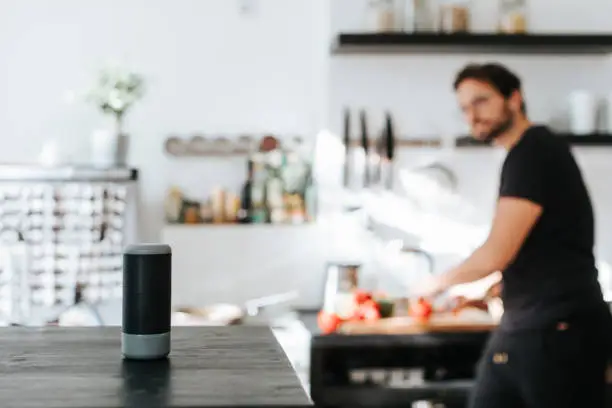 Photo series of an adult man communicating with smart speaker in different situations. Shot in Berlin.