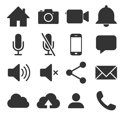 Web application interface icon collection. Vector symbol set. home, camera, camcorder and volume control button sign. Bell, microphone, smartphone and user profile logo. Isolated on white background.