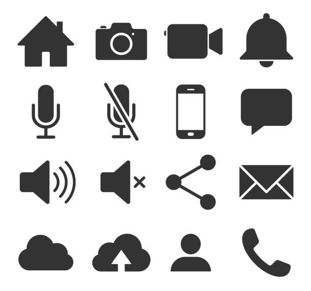Web application interface icon collection. Vector symbol set. home, camera, camcorder and volume control button sign. Bell, microphone, smartphone and user profile logo. Isolated on white background. Web application interface icon collection. Vector symbol set. home, camera, camcorder and volume control button sign. Bell, microphone, smartphone and user profile logo. Isolated on white background. camera stock illustrations