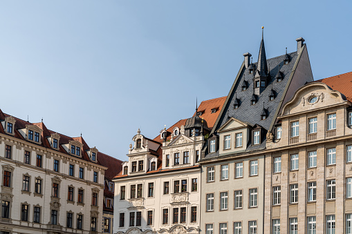 Leipzig, Saxony / Germany - 12 September 2020: historic buildings in the city center of Leipzig under a blue sky