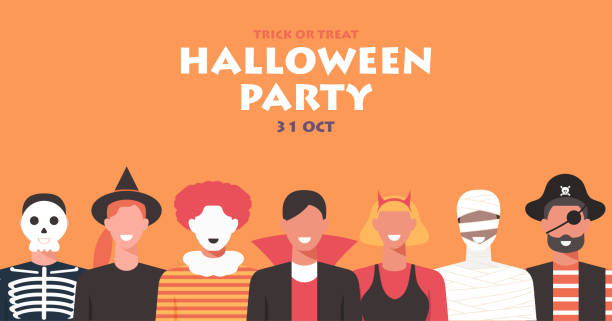 halloween-party-konzept-banner, menschen in verschiedenen kostümen schließen sich zusammen, um urlaub zu feiern - maskenkostüm stock-grafiken, -clipart, -cartoons und -symbole