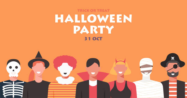 ilustraciones, imágenes clip art, dibujos animados e iconos de stock de bandera del concepto de fiesta de halloween, las personas con diferentes disfraces se unen para celebrar las vacaciones - disfraz