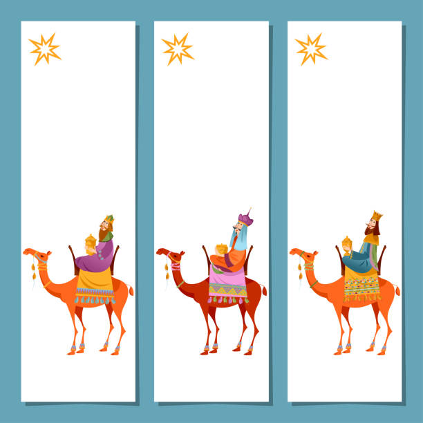Set of 3 universal Christmas greeting cards  and bookmarks with three biblical Kings: Caspar, Melchior and Balthazar. Three wise men on camels. Template. Set of 3 universal Christmas greeting cards  and bookmarks with three biblical Kings: Caspar, Melchior and Balthazar. Three wise men on camels. Template. Vector illustration. christmas three wise men camel christianity stock illustrations