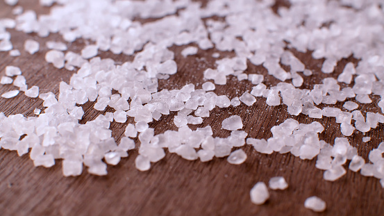 Crystals of food salt close-up. Macro shooting