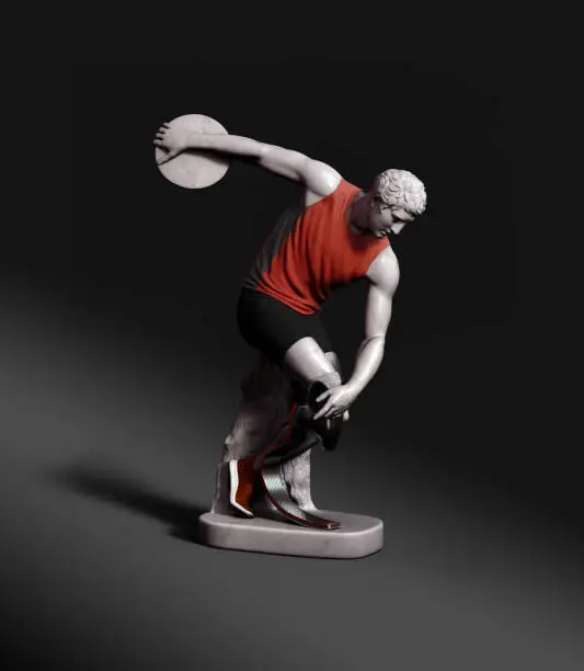 Digital replica of the famous Discobolus statue wearing modern clothing resembling and athlete participating in the Olympic games wearing a prosthetic leg