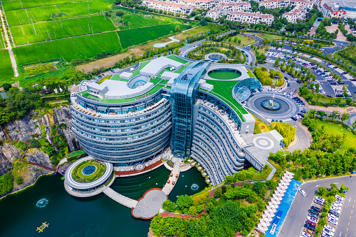 Shanghai,China - August 23,2020:Shimao Shenkeng Intercontinental Hotel in Shanghai Sheshan,the altitude is minus 88 meters.It is the world's first natural ecological hotel built in a waste rock pit.