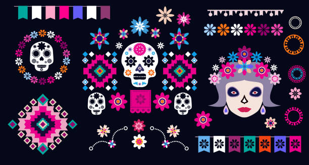 Dia de Los Muertos, Day of the Dead or Halloween Dia de Los Muertos, Day of the Dead or Halloween banner, poster. Sugar tatoo skulls, candle, maracas, guitar, sombrero and marigold flowers, Catrina Calavera traditional mexico skeleton decoration Vector illustration mexican day of the dead stock illustrations