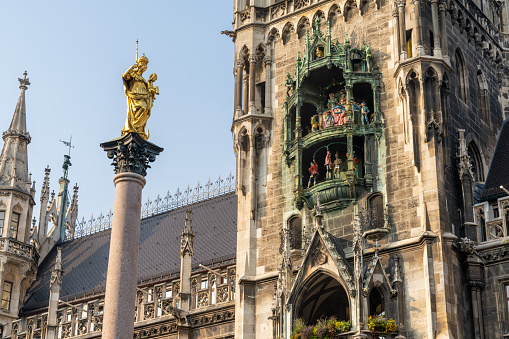Munich, Bavaria / Germany - 17 September 2020: view of the old city hall and Glockenspiel in downtown Munich